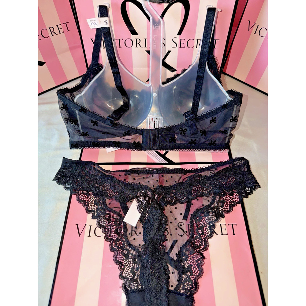 Victoria's Secret Bra Unlined Tease 36DD Black Bow Lace Medium Tanga - Picture 2 of 2